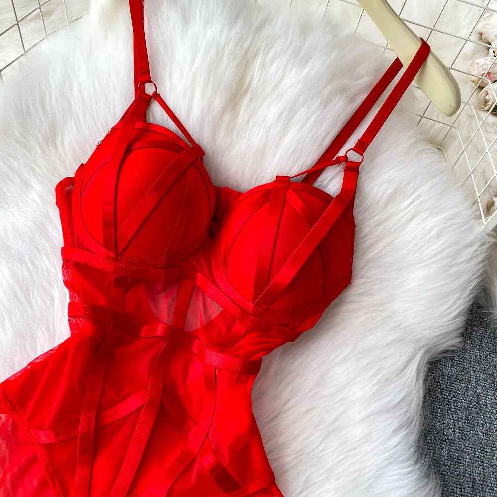 MOYISU Sexy Instagram Viral Bodysuit Women Pure & Sexy Sheer Mesh Halter Push Up Pads Summer Lingerie Euro Style Hot Sale SG