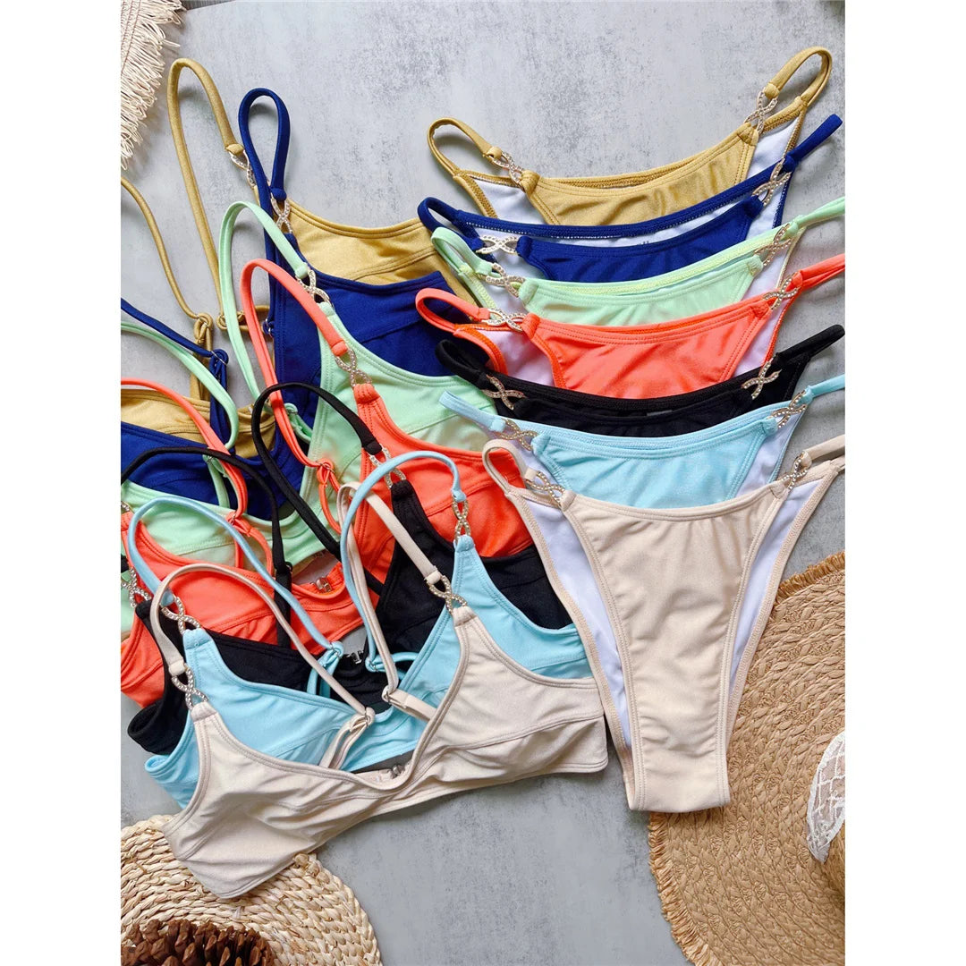 10 Colors V Neck Rhinestones Bikini Female Swimsuit Women Swimwear Two-pieces Bikini Set Padded Bather Bathing Suit Swim V8138