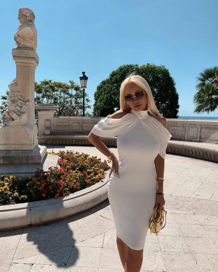 2024 New Solid Color Slim Midi Dresses Women Halter Neck Off Shoulder Package Hip Bodycon Elegant Temperament Ladies Party Dress