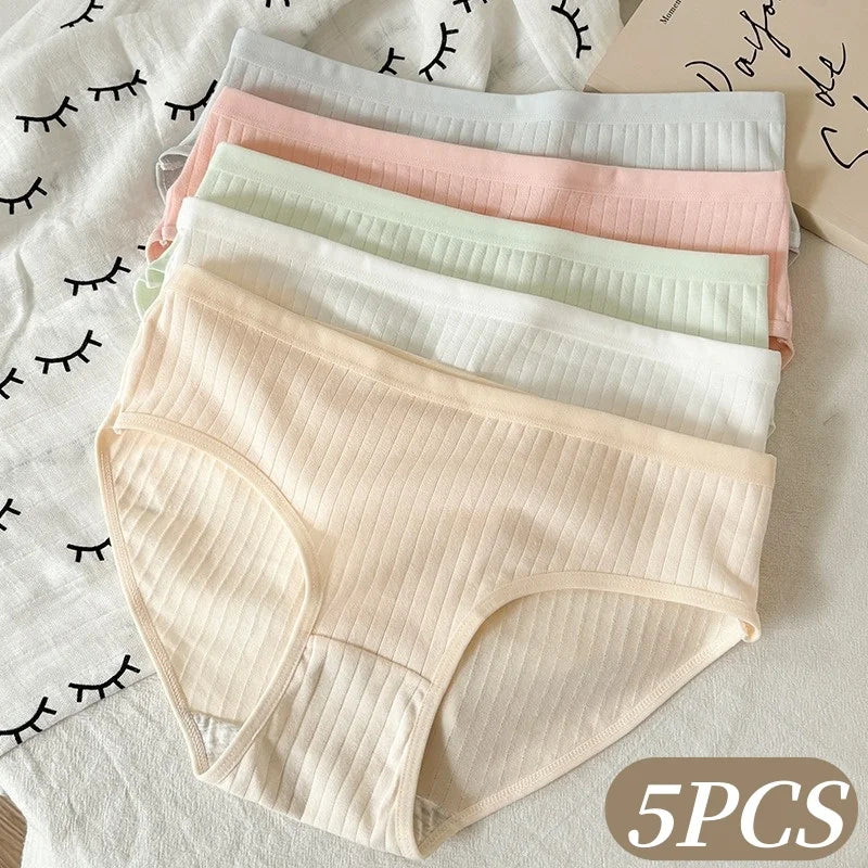 5Pcs/Set Women Cotton Briefs Ribbed Panties Low Rise Underwear Female Underpants Solid Color Sexy Lingerie Soft Intimates M-XL