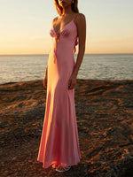 Women Cami Dress Solid Color Sleeveless Tie-Up Front Sleeveless Backless Dress Long Dress Summer Casual Spaghetti Strap Dress
