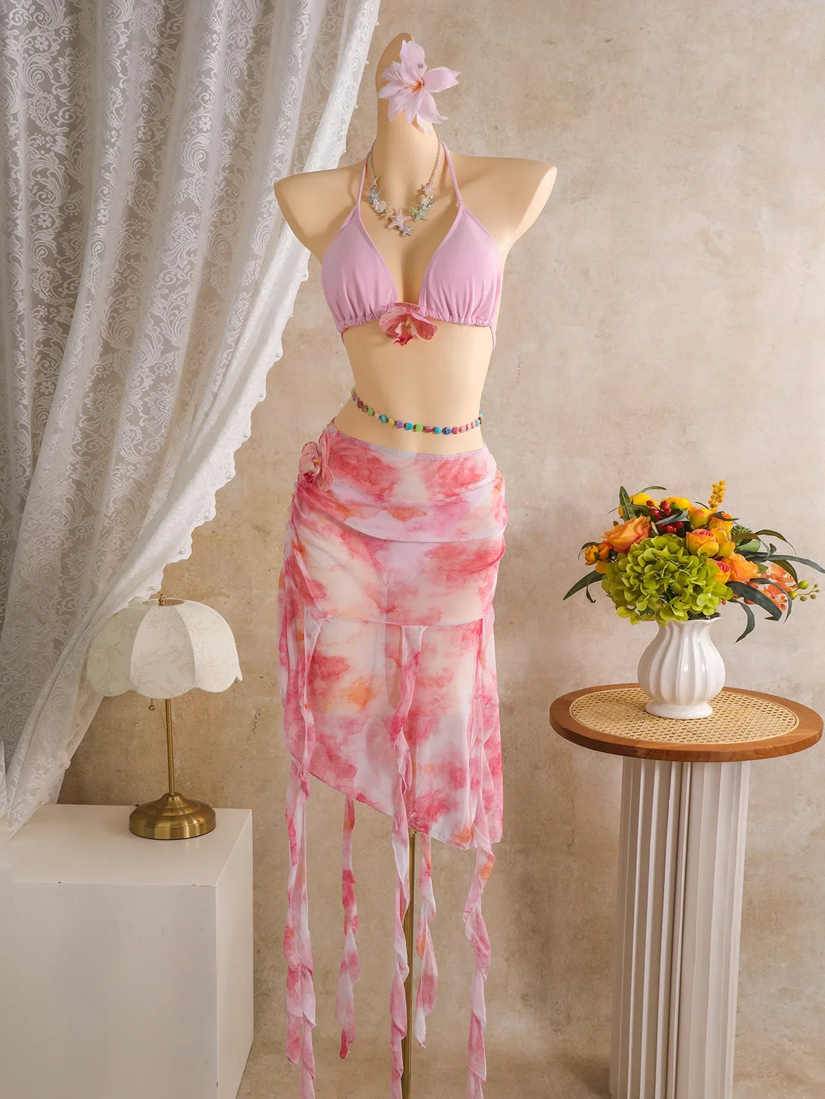 Vintage Pink Floral Tie Dye Gradient Bikini Set 2026 Women 3D Flower Push Up Bra Cover Up 3 Piece Swimwear Bathing Suit Swimsuit