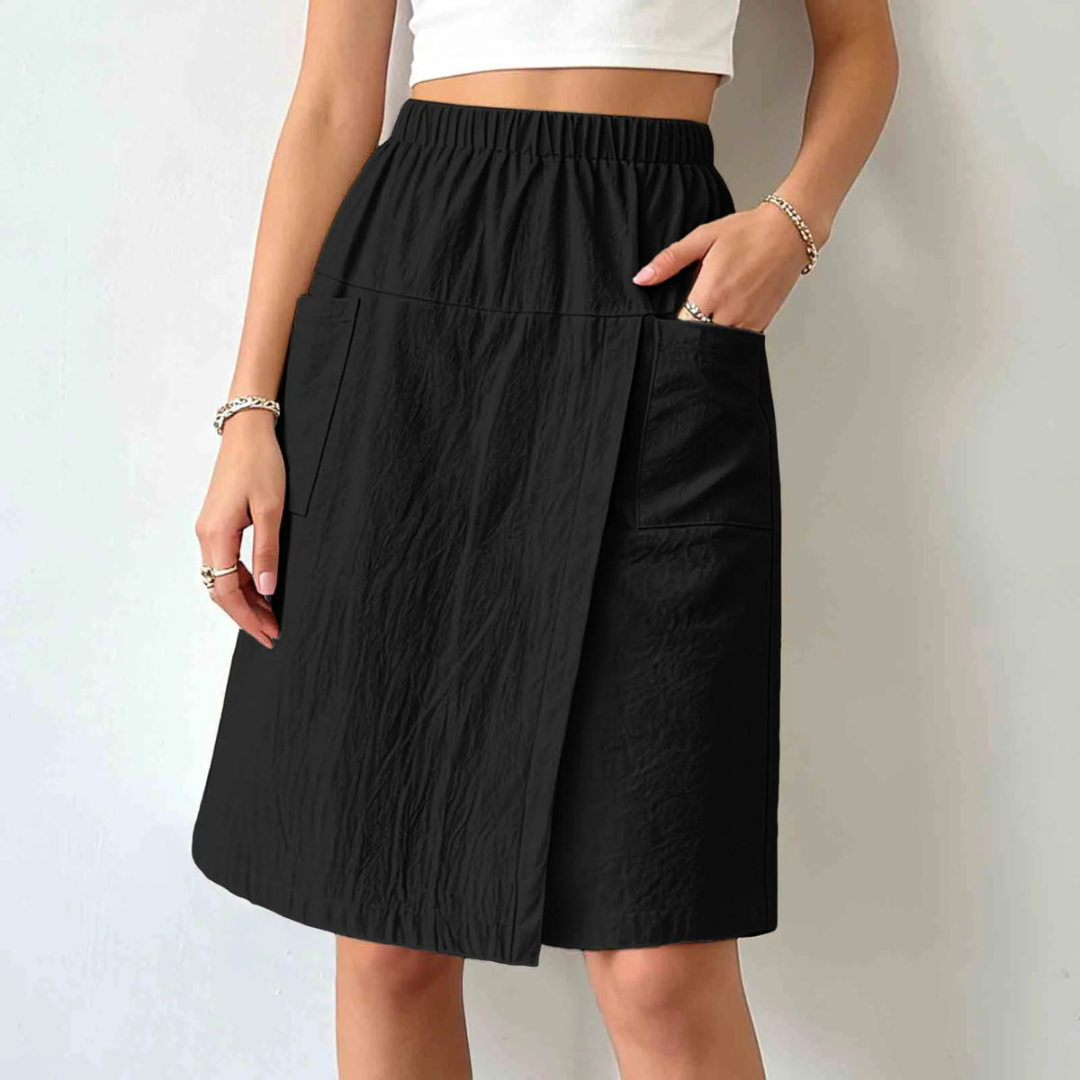 Women's Textured Wrap Skirt Shorts Solid Color Elastic Waist Midi Skort With Pocket Casual Loose Fit Layered A Line Summer Short