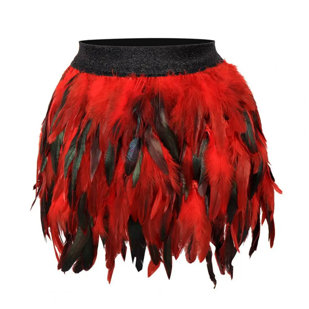 Womens Faux Feather Mini Skirt Elastic Mid Waist A-line Skirt Ladies Mardi Gras Outfit Festivals Carnival Dance Party Supplies