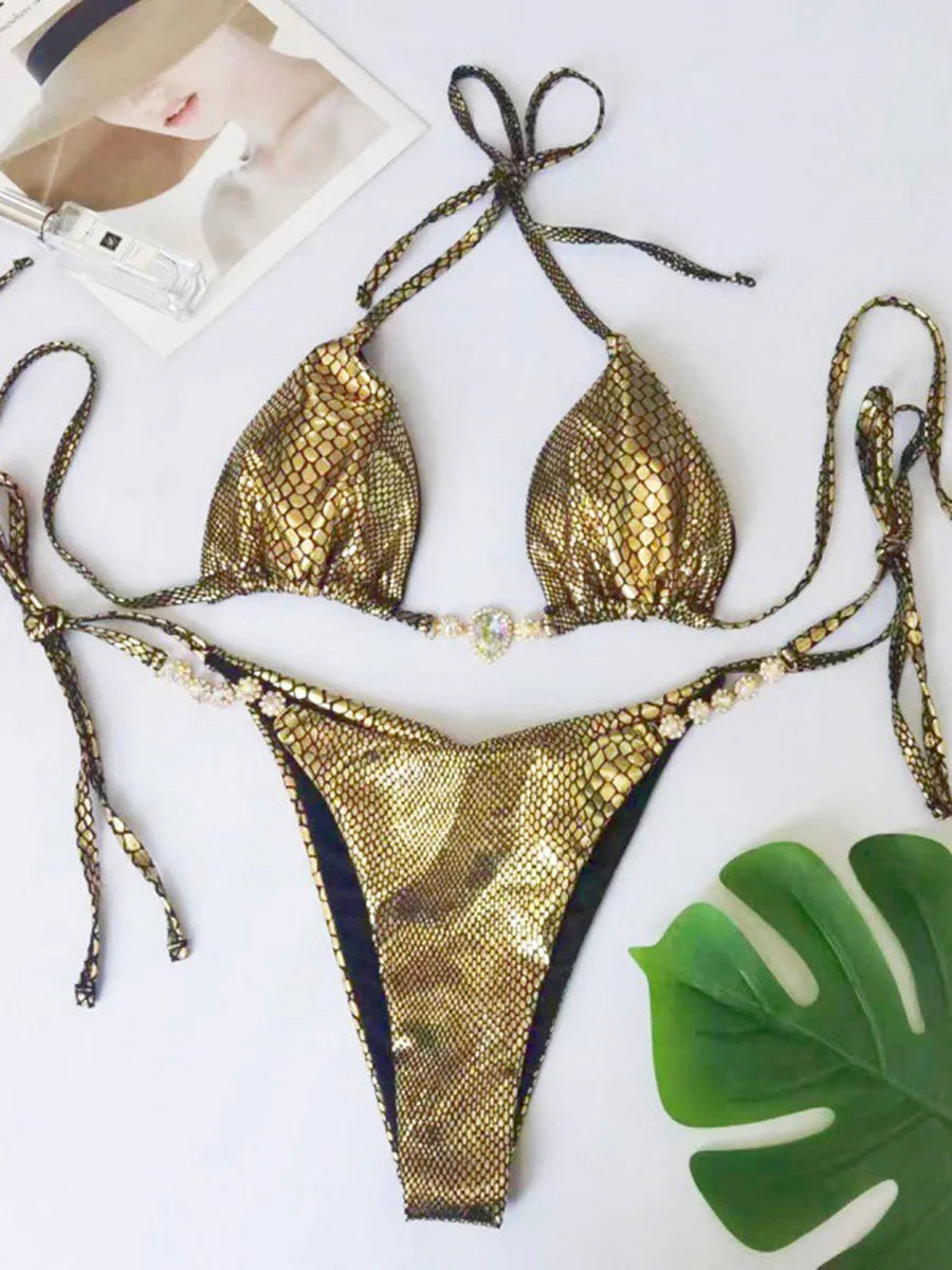 Snake Skin Rhinestone Diamond Bikini Female Swimsuit Women Swimwear Two-pieces Bikini Set High Cut Halter Bathing Suit Swim Lady