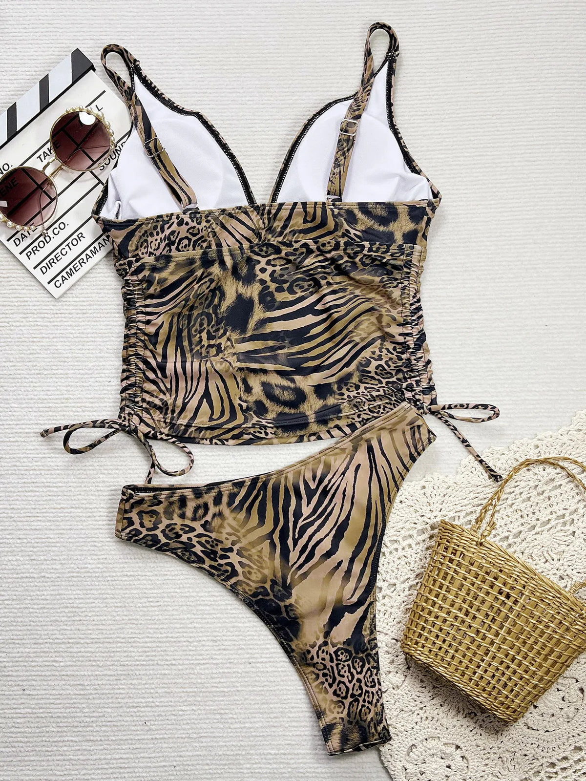 2026 Summer Women Leopard Print Swimsuit Sexy Deep V Neck Drawstring Bathing Suit Swimwear High Waist Push Up Biquini Beachwear
