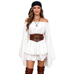 Women Solid Color Flowy Shorts Romper Off Shoulder Long Flare Sleeve Cinched Waist Ruffled Jumpsuit for Daily Party Club