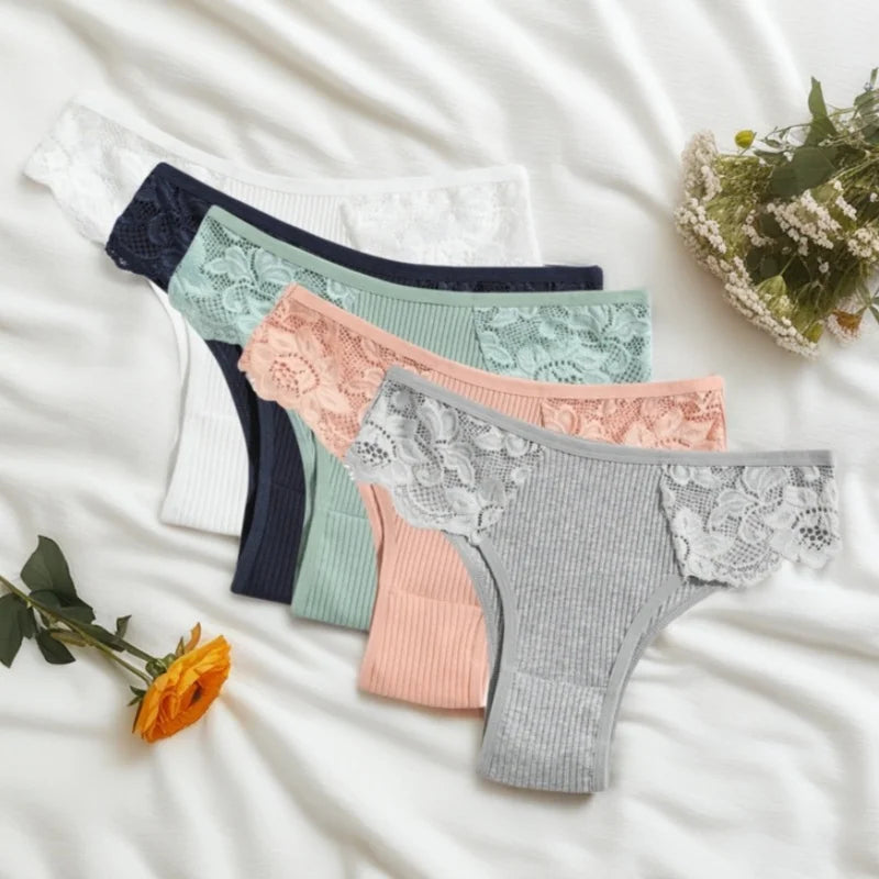 1 Pack Women's Lace Trim Ribbed Cotton Panties Breathable Low-Waist Briefs Sexy Side Lace Lingerie Skin-Friendly Underwear S-L