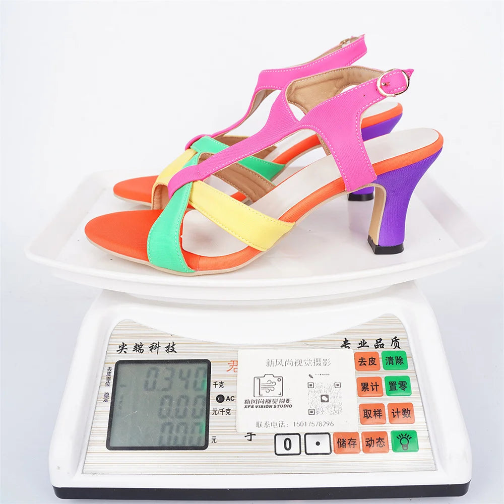 Big Size 43 Rainbow Color 7cm High Heel T-Strap Sandals Women Shoes Slingback Kitten Heels Festival Neon Vacation Dress Heels