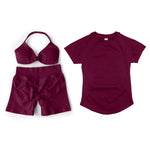3 Pcs Gym Set Woman Short Sleeve Sport T-Shirt & Seamless Scrunch Gym Shorts & Strappy Bra Fitness Workout Suits Gym Clothing