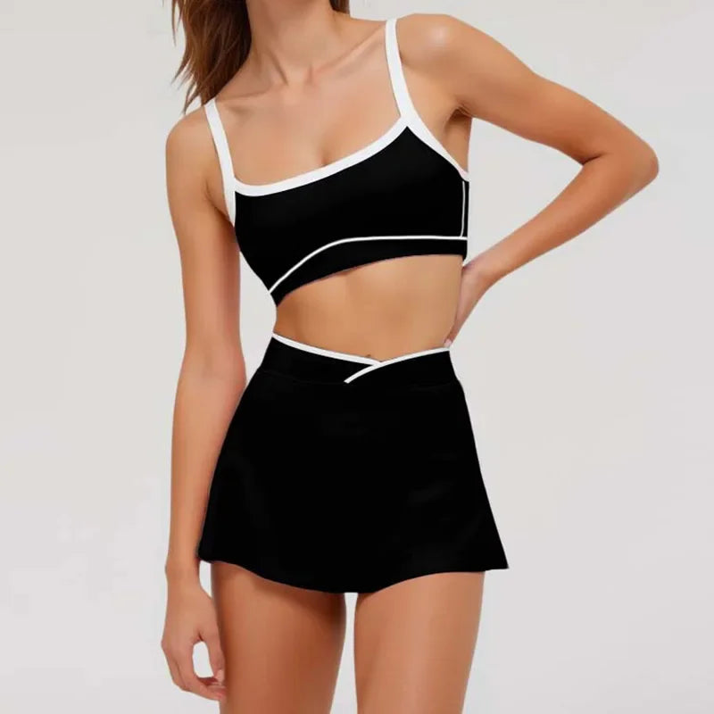 2 Pieces Women's Nude Yoga Set Bra Skirt Tracksuit Running Fitness Sports Set Slim Fit High Waist Beautiful Back Suit