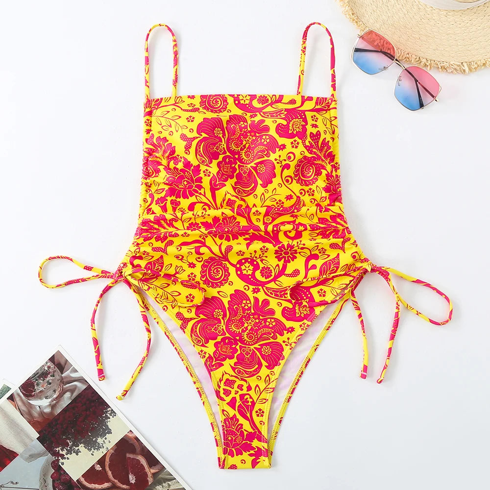 2026 Floral String One Piece Swimsuit Backless Sexy Swimwear Women Bathing Suit Female Swimming Summer Beachwear Bodysuit