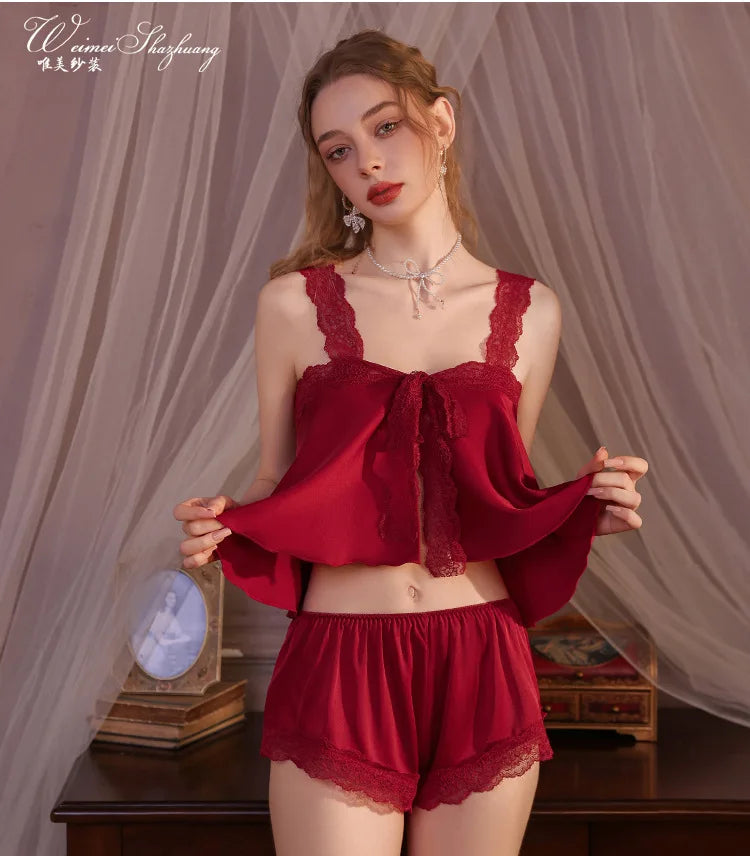 Pure Desire Home Wear Set New Sweet Style Camisole Shorts Pajamas Thin Sexy Ice Silk Home Wear Two-Piece Casual Style Sets N5GK