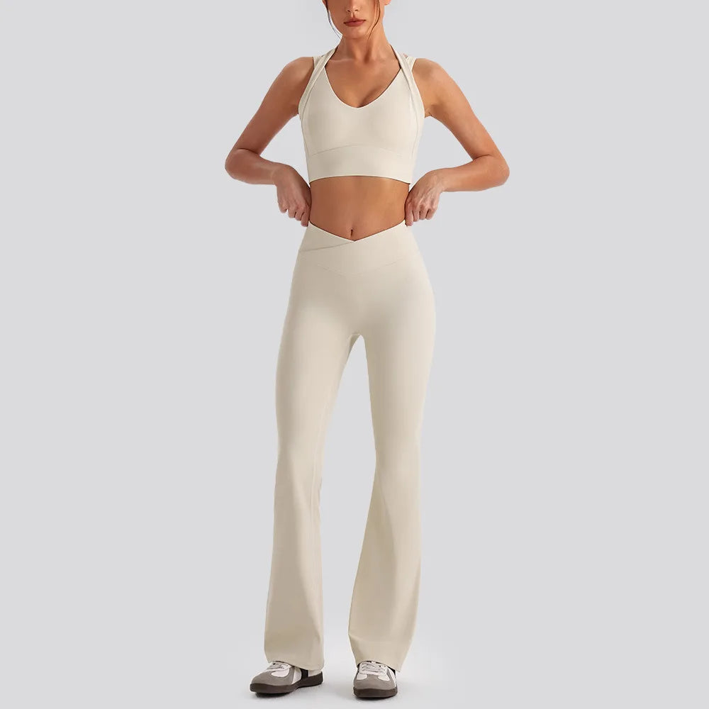 Women's Yoga Exercise Sets Women Backless Sports Tank Top V Shape High Waist Wide Leg Pants Fitness Gym Running Workout Clothes