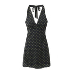 V Neck French Style Summer Women Dress Printed Boho Short Black Beach Dress Party Vintage Backless Tie Up Sexy Halter Dress 2025