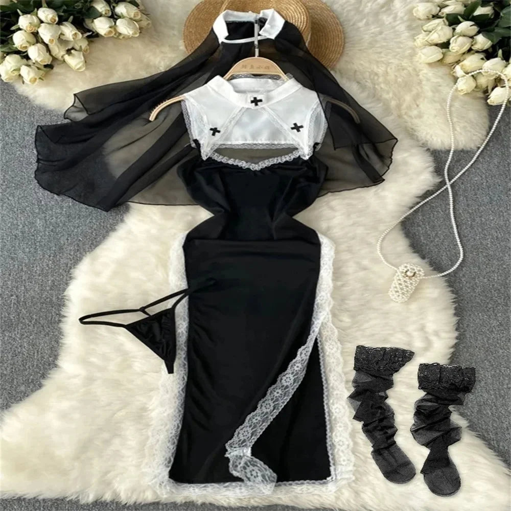 Cute LolitaMaid Bunny Costume Set With Apron Ruffle Cosplay VacationPerfect Halloween Outfit Halter Dress Set Outfit Style