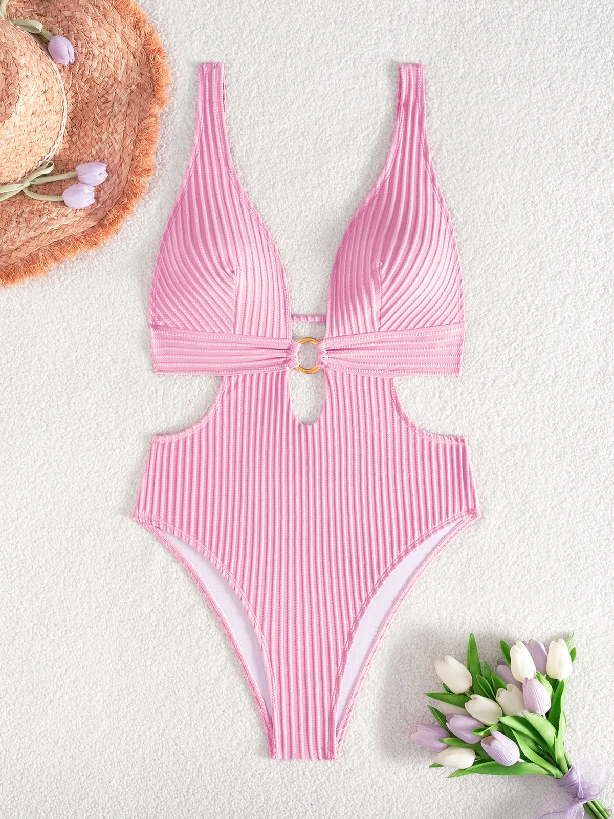 DEKA Sexy Ribbed One Piece Swimsuit Hollow Out Swimwear Women Female Deep V-neck Bathing Suit Beach Wear Push Up Monokini Swim