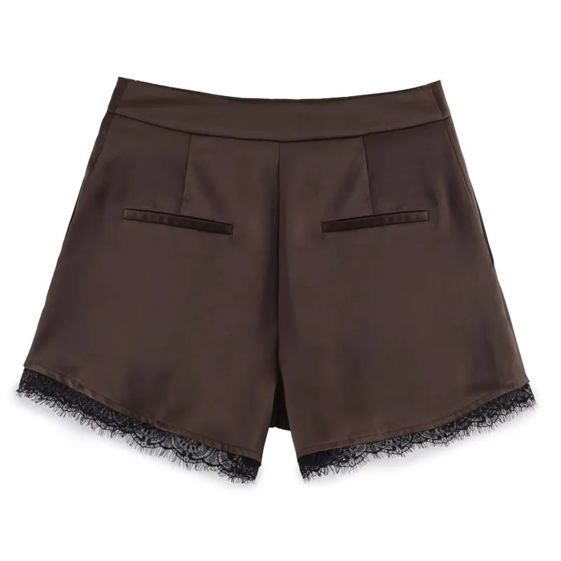 Women's Fashion Satin Texture Casual Style Shorts Elegant Brown Satin Pleated Shorts For Women High-Waisted Black Lace Trim PPDS