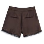 Women's Fashion Satin Texture Casual Style Shorts Elegant Brown Satin Pleated Shorts For Women High-Waisted Black Lace Trim PPDS