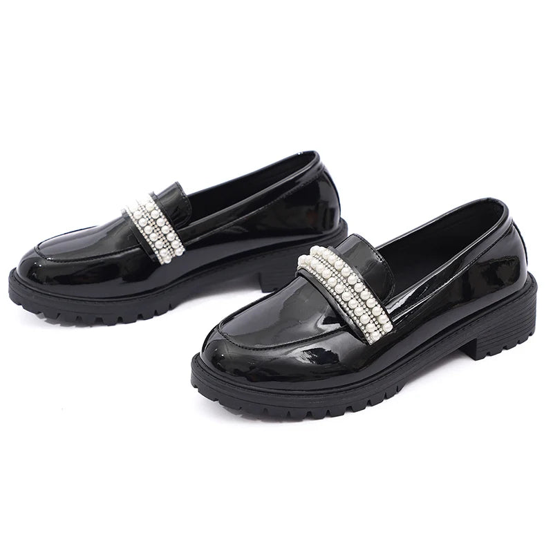 Fashion Pearls Decor Platform Loafers Women College Style Thick Heels Pu Leather Shoes Woman Plus Size 43 Student Shoes Female