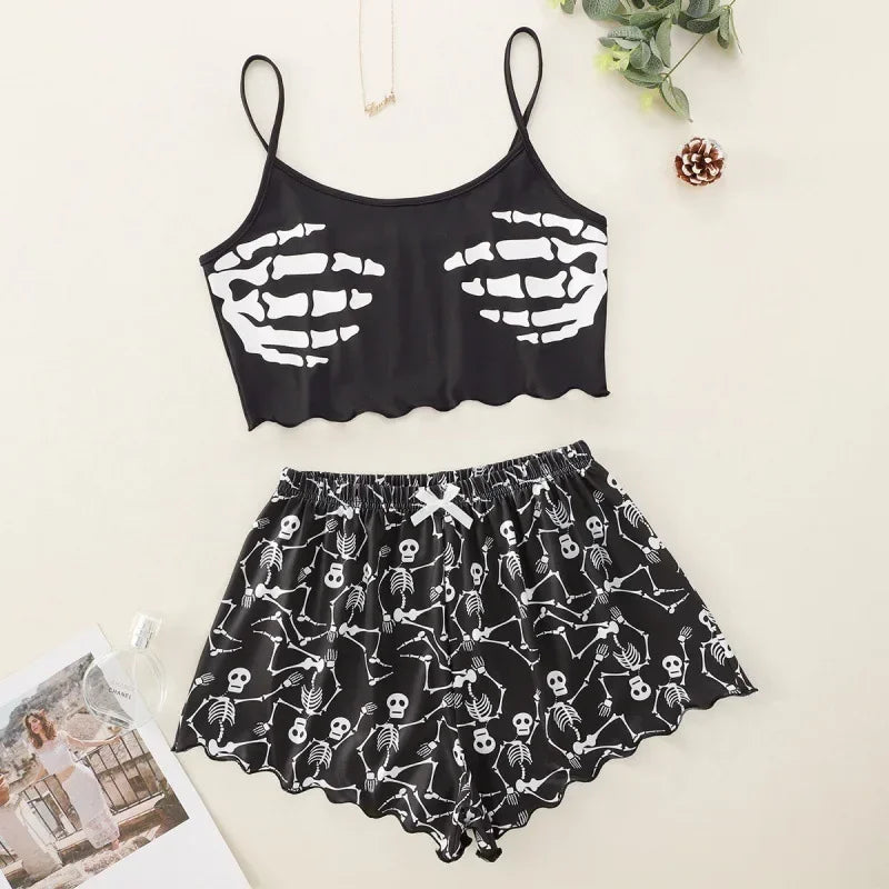 Sexy Alien Print Sling Sleepwear Women's Pajamas Set V-Neck Pyjamas Female Homewear Sleeveless CuteTop And Shorts