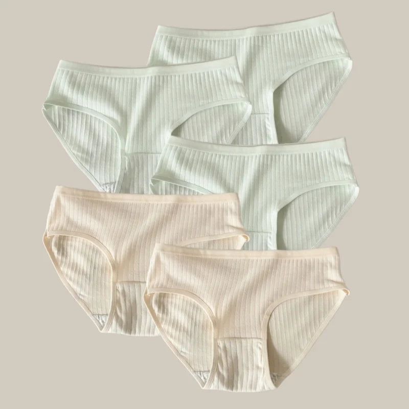 5Pcs/Set Women Cotton Briefs Ribbed Panties Low Rise Underwear Female Underpants Solid Color Sexy Lingerie Soft Intimates M-XL