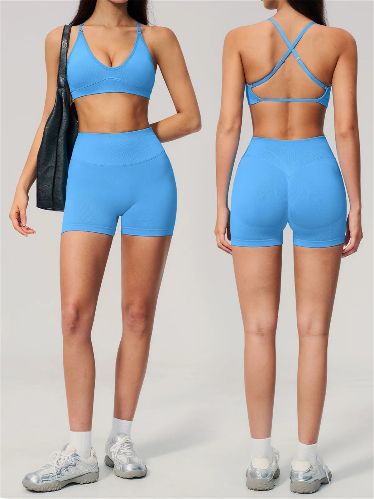 Seamless Yoga Excersize Sets Women Cross Back Sports Bra Tracksuit Workout Clothes High Waist Hip Lifting Shorts Fitness Suits