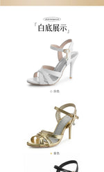 2026 Summer New Women's Metallic High Heel Sandals Ankle Strap Crystal Buckle Stiletto Heels Sexy Party Wedding Prom Dress Shoes