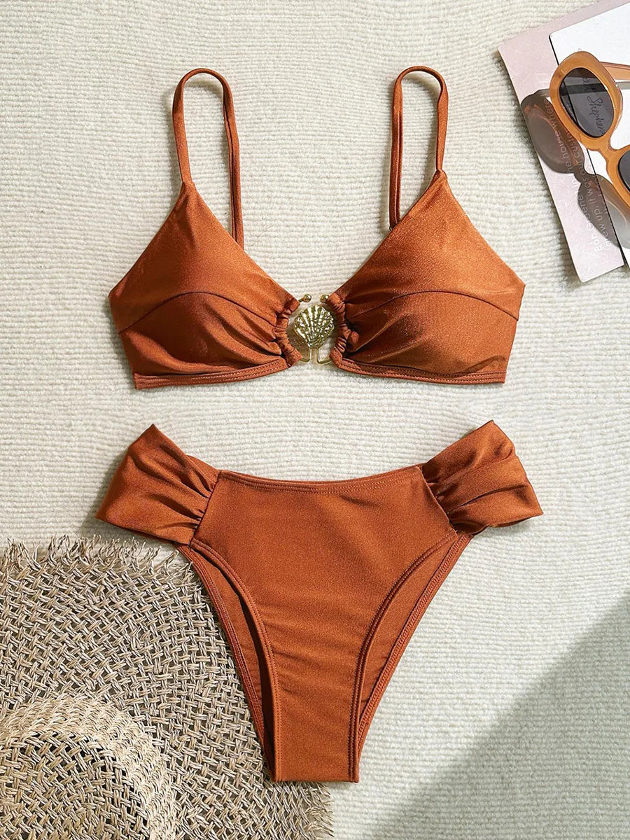 S - XL Metal Shell Halter Female Swimsuit High Waist Bikini Women Swimwear Two-pieces Bikini set Bather Bathing Suit Swim Lady