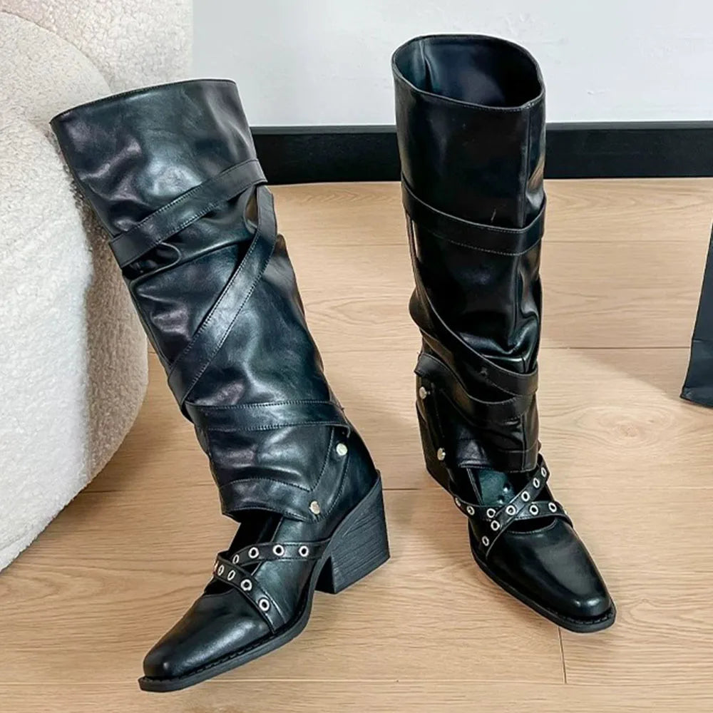 Vintage Y2k Slouchy Knee High Western Boots Women Chunky Block Heel Summer Cowboy Knee High Boots Motorcycle Boots Shoes