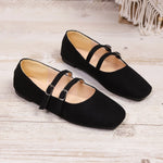 Women Suede Square Toe Double Strap Mary Jane Flats Buckle Slip‑On Soft Flat Shoes Large Size Casual Office Ladies Shoes