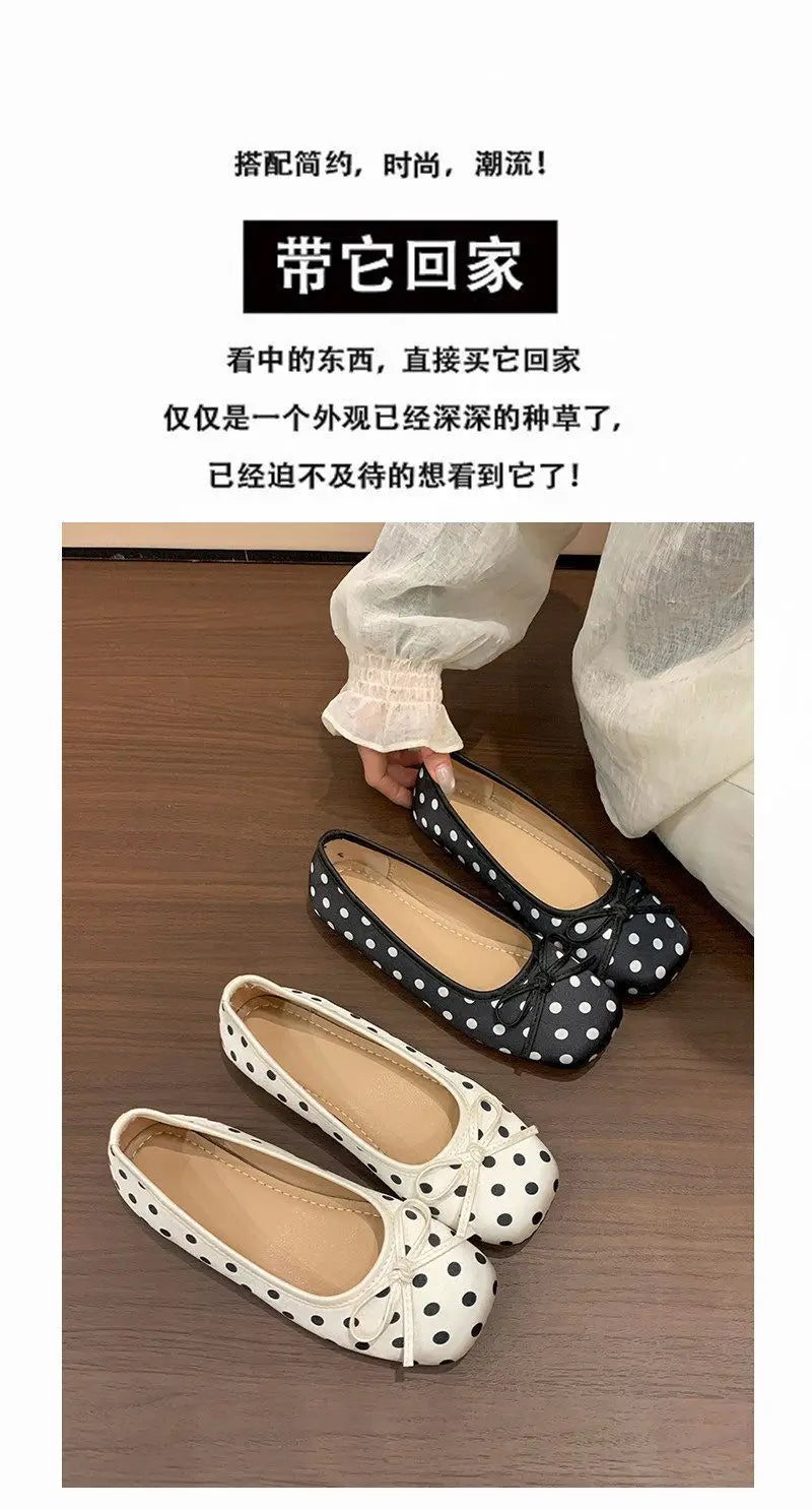 New Butterfly-knot Women Dot Ballet Flats Comfort Square Toe Slip on Shoes Ladies Eelgant Soft Sole Dress Mary Jane Shoes