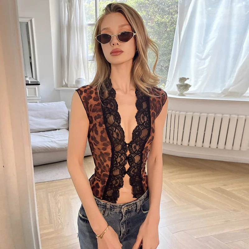 FDYOUI Women's Deep V-neck Lace Patchwork Mesh T-shirts 2026 Summer Sexy Sleeveless Buttons Leopard Tops Tee Shirt Streetwear