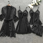 4 Pieces/Set Women's Sexy Lace Pajamas Fashion V-Neck Gown Comfort Pajamas Pajamas Pajamas with Chest Pads Nightdress