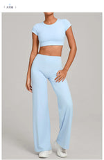 Women's Tracksuit Yoga Sets Back Hollow Out Short Sleeve Sports Shirts High Waist Straight Leg Pants Gym Running Fitness Suits