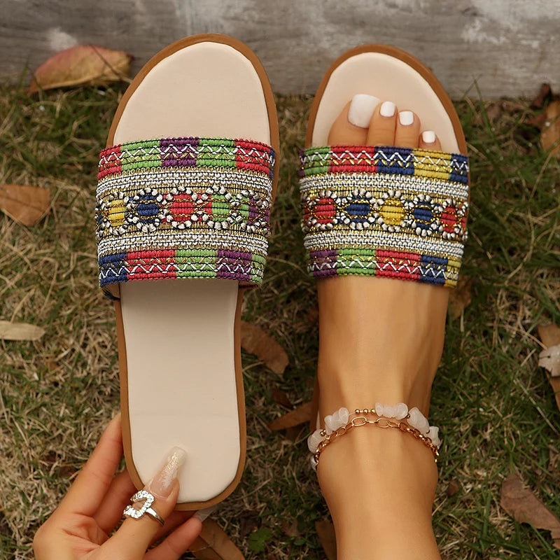 Fashion Tweed Cloth Flats Slippers Women 2025 String Bead Plus Size 36-43 Summer Sandals Woman Lightweight Outdoor Slides Female