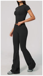 Seamless High Elasticity Yoga Sets Women Short Sleeve O Neck Sports T Shirts Workout Outfits Running Wide Leg Pants Fitness Suit