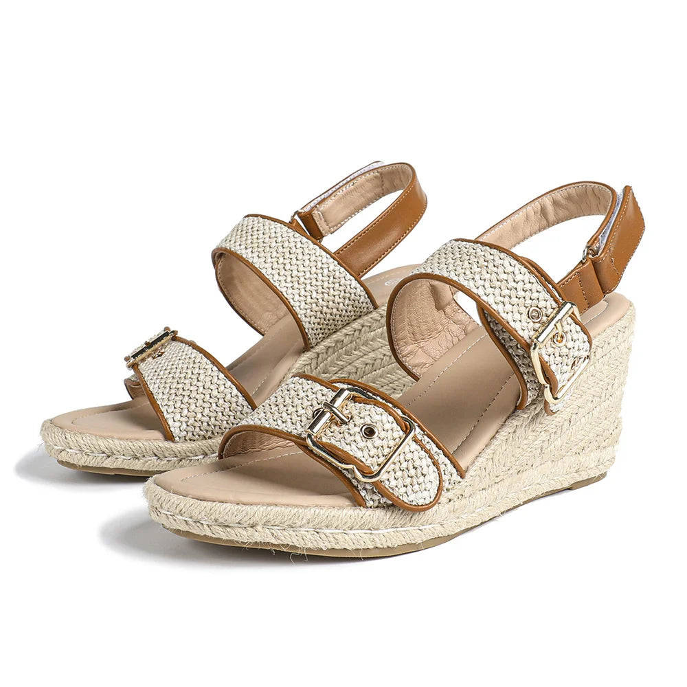 Summer Bohemian 2 Buckle Adjustable Straps Espadrille Wedge Sandals Women Leisure Roma Platform Beach Vacation High Heels Shoes
