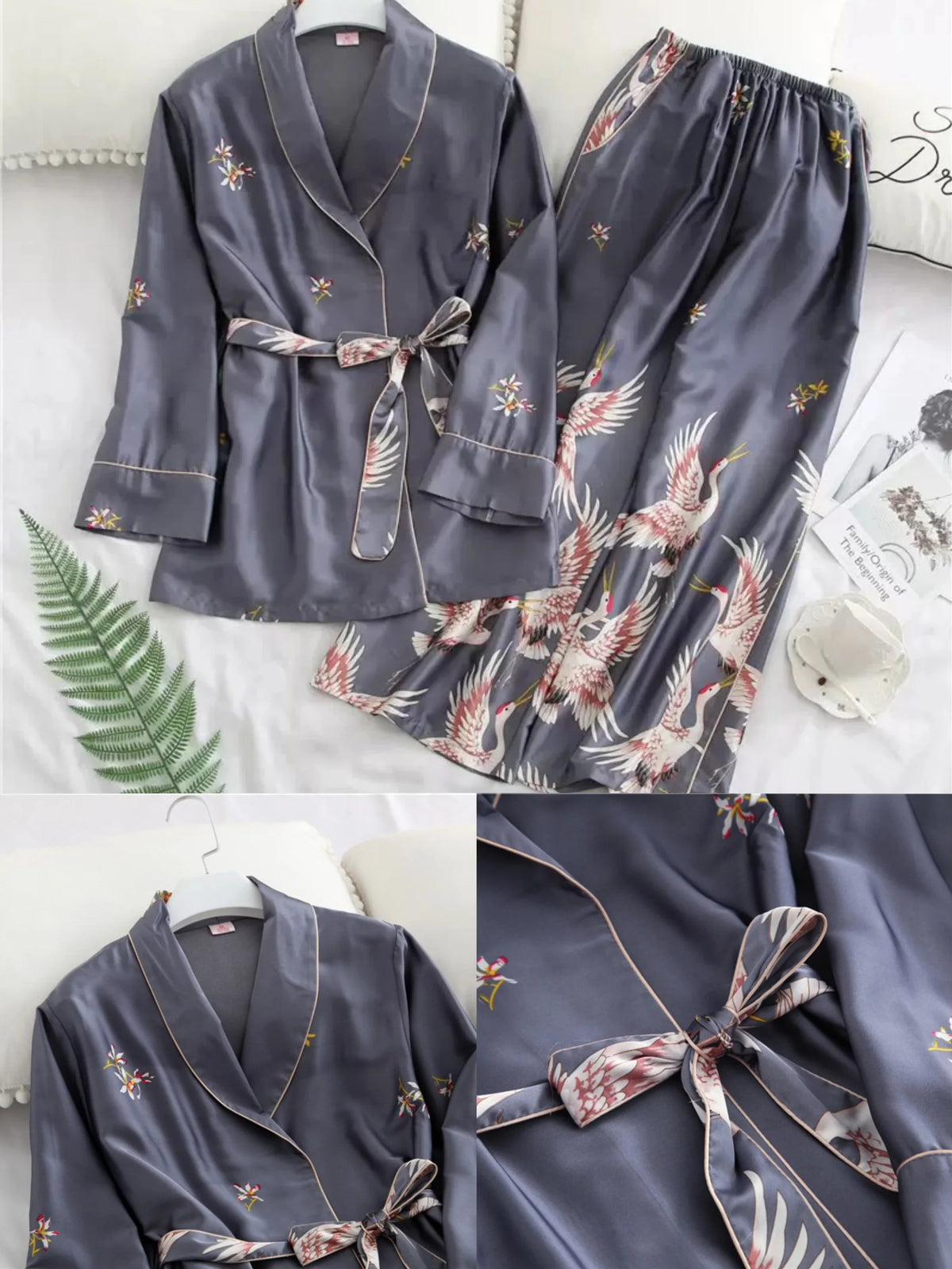 Crane Print Silk Satin Female Pajamas Retro Long Sleeve Robe with Trouser Sleepwear Comfortable Wedding Nightwear for Home