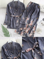 Crane Print Silk Satin Female Pajamas Retro Long Sleeve Robe with Trouser Sleepwear Comfortable Wedding Nightwear for Home