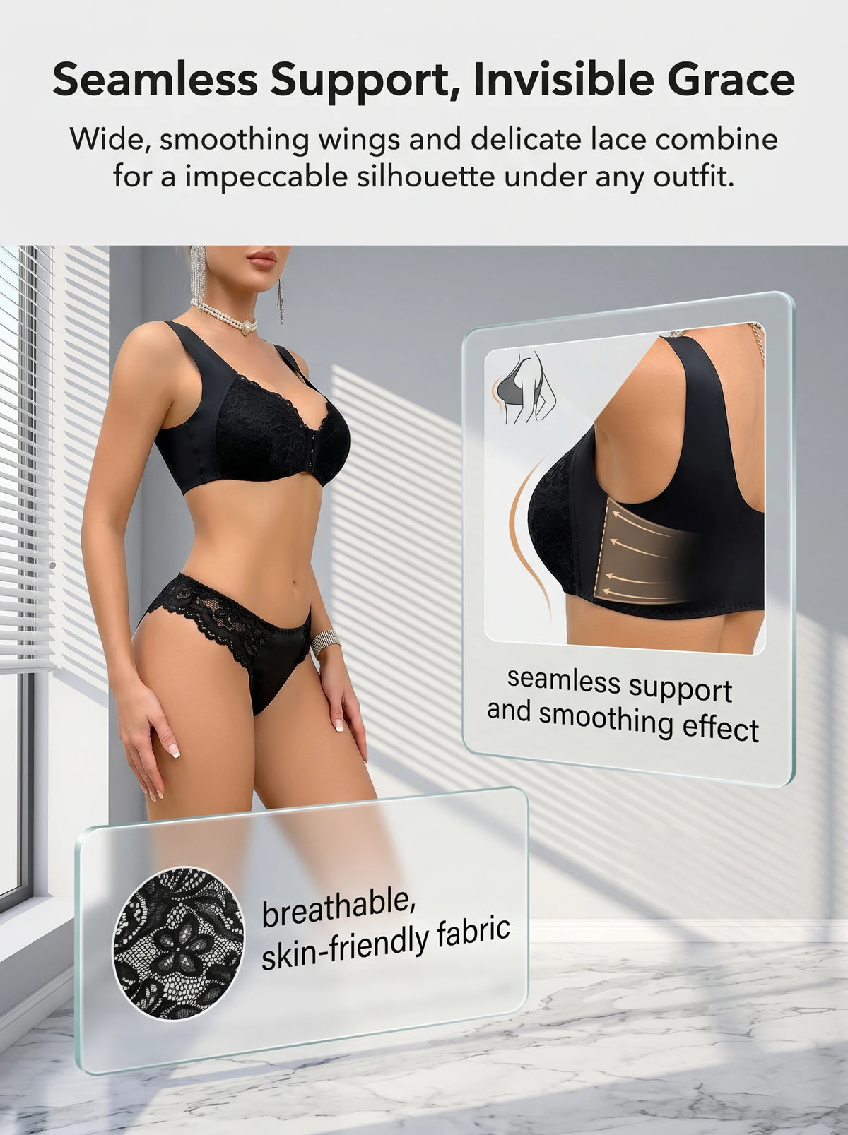 Sexy Black Set Front clasp Wireless Lace Bra Panty Set Full Coverage Bralette Briefs Set Comfort Lingerie Set B2360