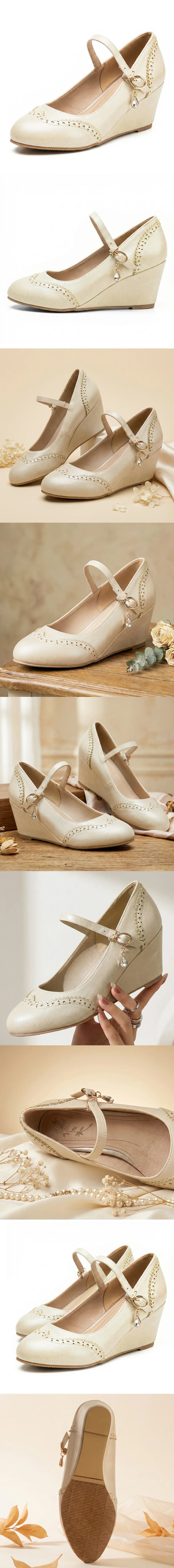 2026 Small Big Size 32-48 Vintage Green 7cm High Heels Wedges Pumps White Red Comfy Walk Summer Mary Janes Brogue Shoes Women
