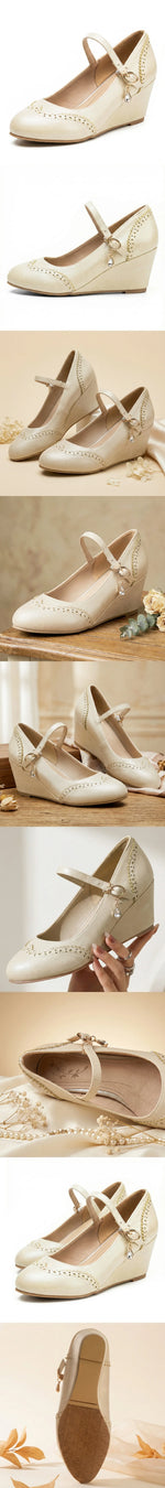2026 Small Big Size 32-48 Vintage Green 7cm High Heels Wedges Pumps White Red Comfy Walk Summer Mary Janes Brogue Shoes Women