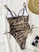 Vintage Brown Leoaprd Print One Piece Swimwear Women 2026 Sexy Deep V Neck Drawstring Side Tummy Control Bathing Suit Swimsuit