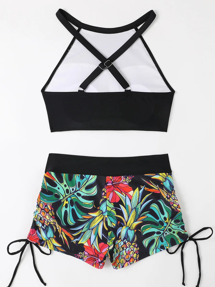 2026 Print High Waist Swimsuit Women High Neck Bikini Drawstring Swimwear Female Bathers Bathing Swimming Swim Suit Beachwear