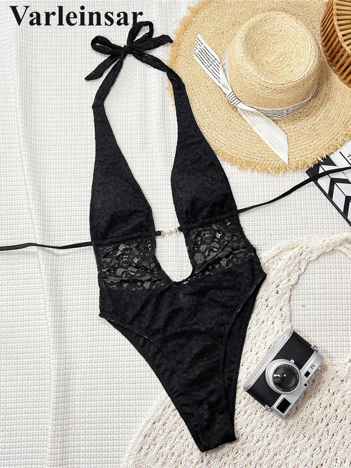 Lace Deep V Neck Halter Women Swimwear One Piece Swimsuit Female Monokini High Leg Cut Backless Bather Bathing Suit Swim V8264