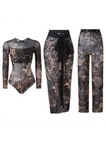 S - XXL 3PCS New Printed Long Sleeve With Pants Sarong Women Swimwear One Piece Swimsuit Female Bather Bathing Suit Swim K7180