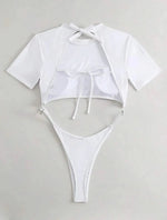 Bikini Women Swimsuit 2024 Blue Short Sleeve Hollow Out Thong Monokini Brazilian Beach Bathing Suit Push Up One Piece Swimwear