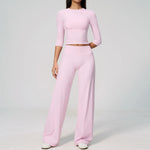 Women Tracksuit Yoga Sets Half Sleeve O Neck Slim Sports T Shirts Fitness Suit Outdoor High Waist Flare Pants Workout Clothes