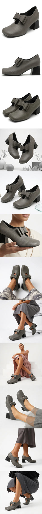 Plus Size 52 Soft Faux Leather Mary Jane Heels Pumps Big Bow Square Toe 5cm Chunky Block Heel Vintage Office Dress Shoes Women